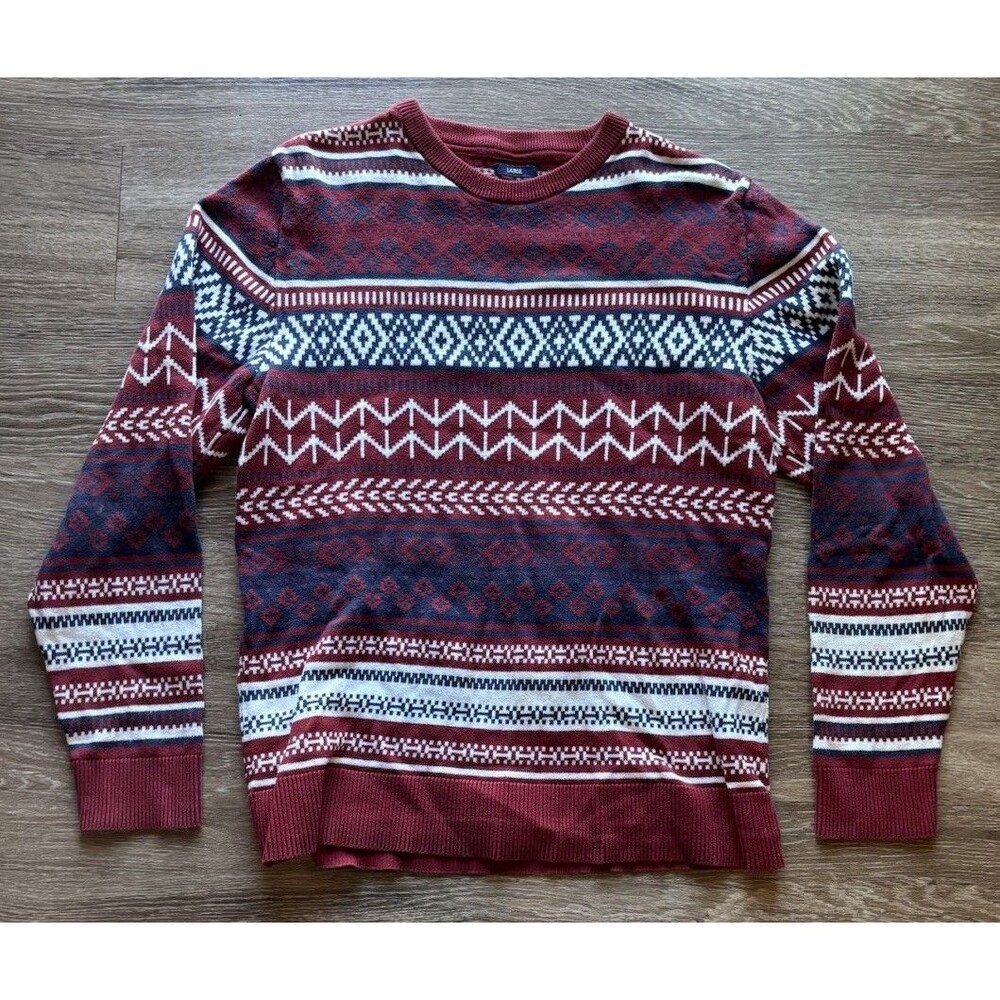 American Rag Fair Isle Print Sweater Mens Sz L 100% Cotton Red Crewneck Shirt